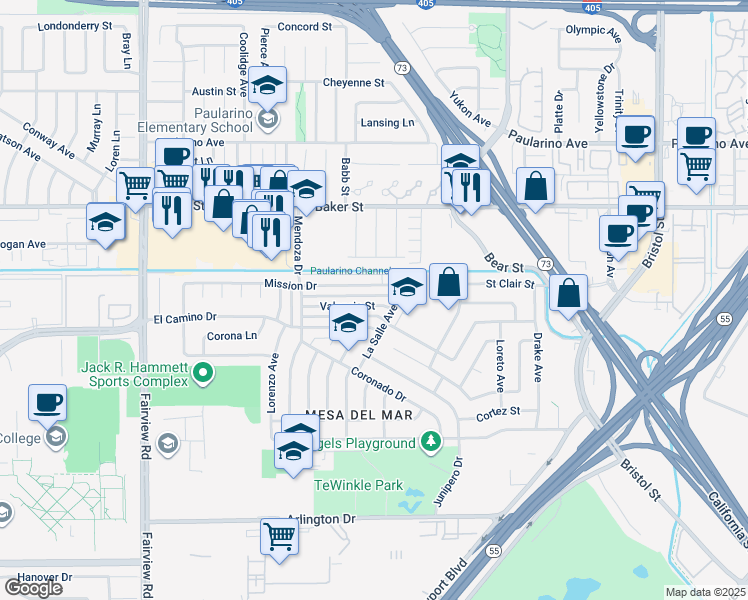 map of restaurants, bars, coffee shops, grocery stores, and more near 989 Valencia Street in Costa Mesa