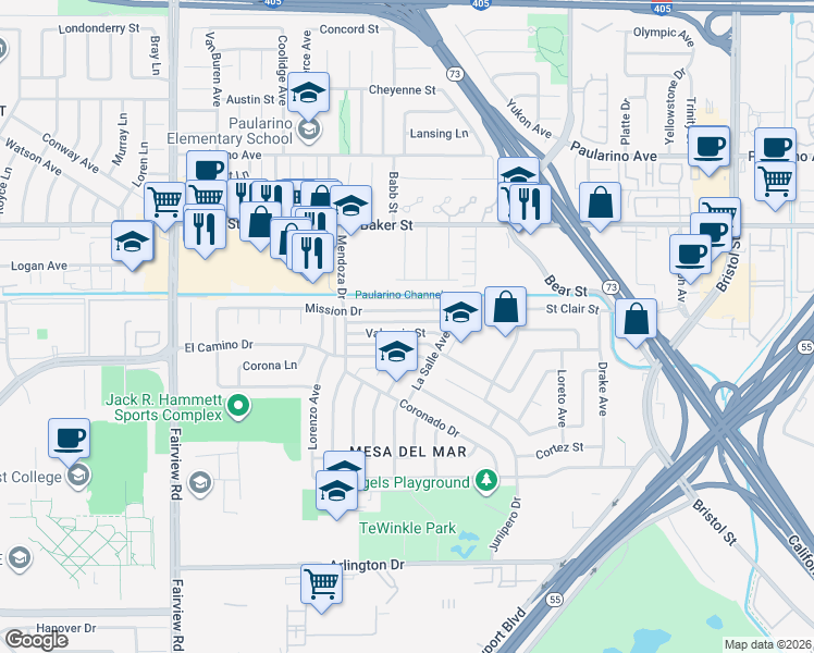 map of restaurants, bars, coffee shops, grocery stores, and more near 989 Valencia Street in Costa Mesa