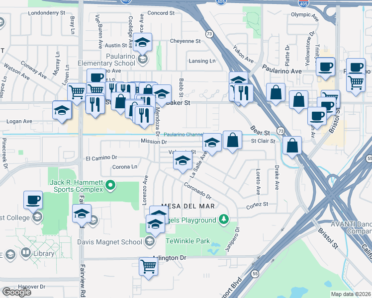 map of restaurants, bars, coffee shops, grocery stores, and more near in Costa Mesa