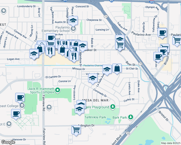 map of restaurants, bars, coffee shops, grocery stores, and more near 1027 Valencia Street in Costa Mesa