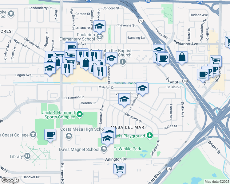 map of restaurants, bars, coffee shops, grocery stores, and more near 1027 Valencia Street in Costa Mesa