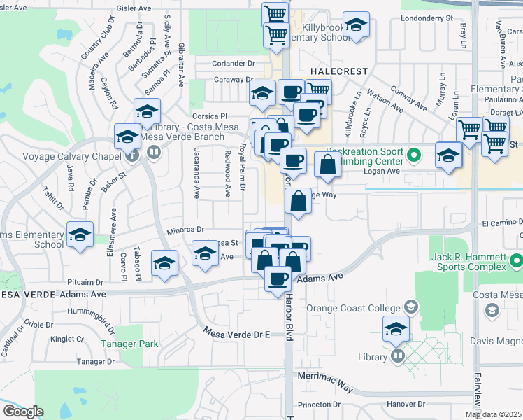 map of restaurants, bars, coffee shops, grocery stores, and more near 2912 Peppertree Lane in Costa Mesa
