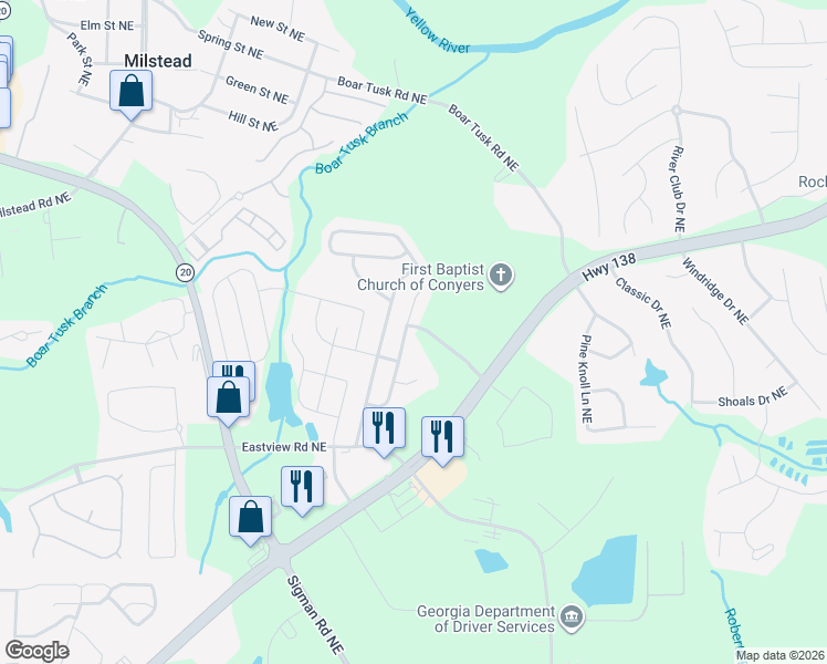 map of restaurants, bars, coffee shops, grocery stores, and more near 1924 Cornerstone Pass Way in Conyers
