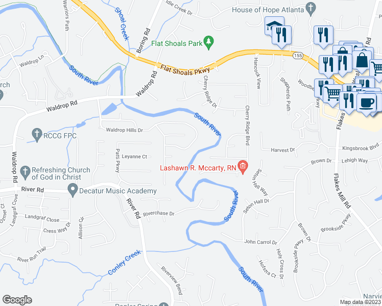 map of restaurants, bars, coffee shops, grocery stores, and more near 4096 Waldrop Hills Drive in Decatur