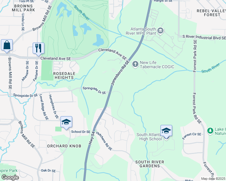 map of restaurants, bars, coffee shops, grocery stores, and more near 590 River Gardens Drive in Atlanta