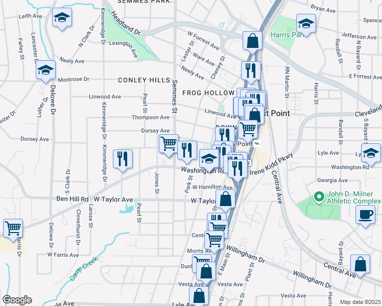 map of restaurants, bars, coffee shops, grocery stores, and more near 2889 Church Street in Atlanta