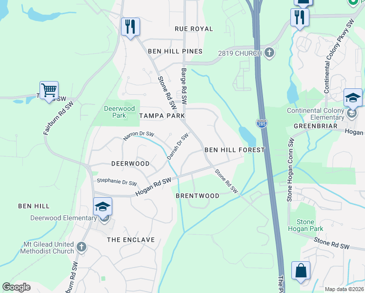 map of restaurants, bars, coffee shops, grocery stores, and more near 2828 Darrah Drive Southwest in Atlanta