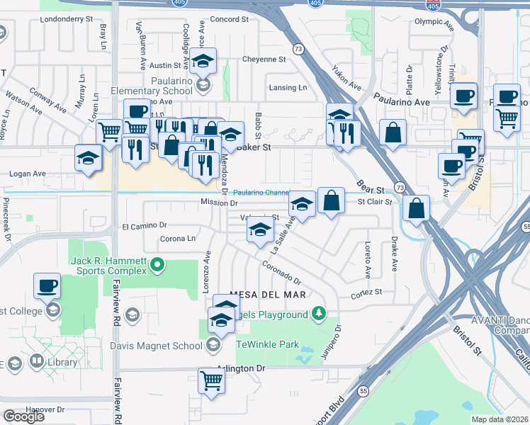 map of restaurants, bars, coffee shops, grocery stores, and more near 994 Valencia Street in Costa Mesa