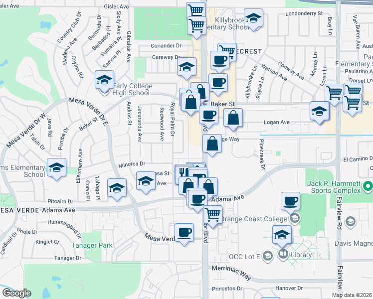 map of restaurants, bars, coffee shops, grocery stores, and more near 2914 Peppertree Lane in Costa Mesa