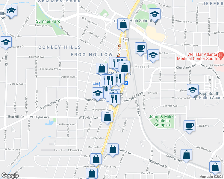 map of restaurants, bars, coffee shops, grocery stores, and more near 2879 E Point St in Atlanta