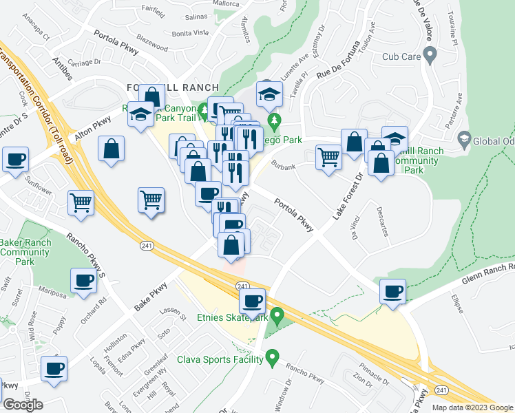 map of restaurants, bars, coffee shops, grocery stores, and more near 610 El Paseo in Lake Forest