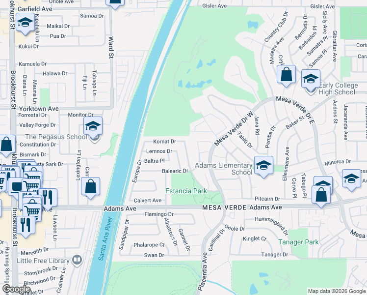 map of restaurants, bars, coffee shops, grocery stores, and more near 2873 Boa Vista Drive in Costa Mesa