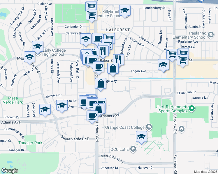 map of restaurants, bars, coffee shops, grocery stores, and more near 2855 Pinecreek Drive in Costa Mesa