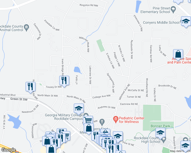 map of restaurants, bars, coffee shops, grocery stores, and more near 1115 Windgate Circle Northwest in Conyers