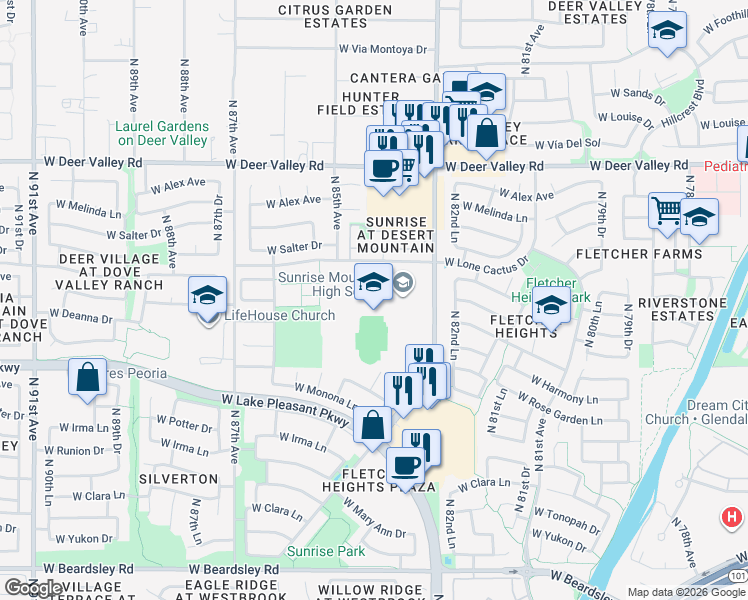 map of restaurants, bars, coffee shops, grocery stores, and more near 21200 North 83rd Avenue in Peoria