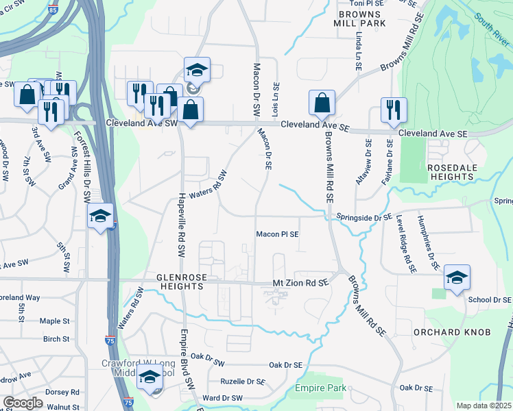 map of restaurants, bars, coffee shops, grocery stores, and more near 2856 Macon Drive Southeast in Atlanta