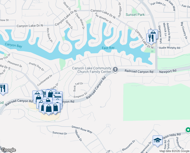 map of restaurants, bars, coffee shops, grocery stores, and more near 30581 Emperor Drive in Canyon Lake
