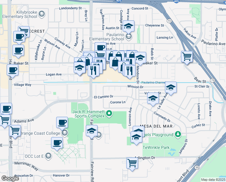 map of restaurants, bars, coffee shops, grocery stores, and more near 2873 Regis Lane in Costa Mesa