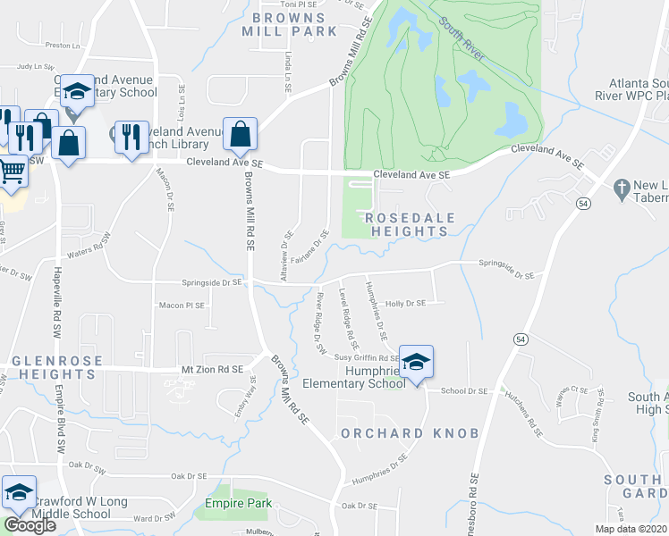 map of restaurants, bars, coffee shops, grocery stores, and more near 294 Springside Drive Southeast in Atlanta