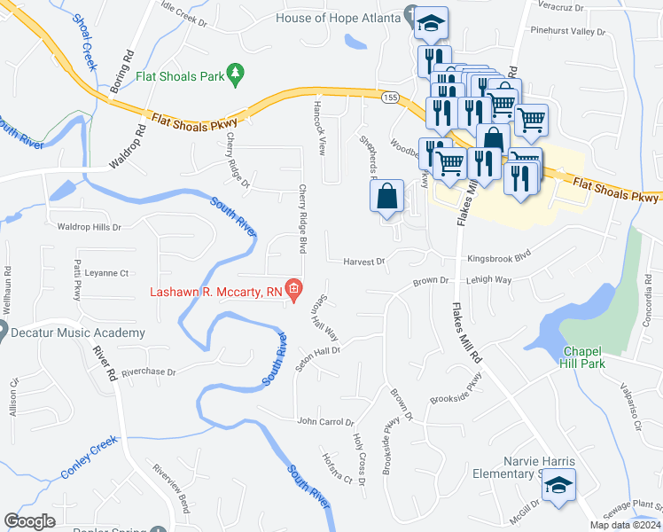 map of restaurants, bars, coffee shops, grocery stores, and more near 3730 Harvest Drive in Decatur