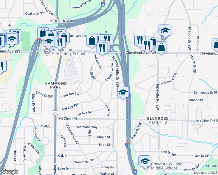 map of restaurants, bars, coffee shops, grocery stores, and more near 2857 1st Avenue Southwest in Atlanta