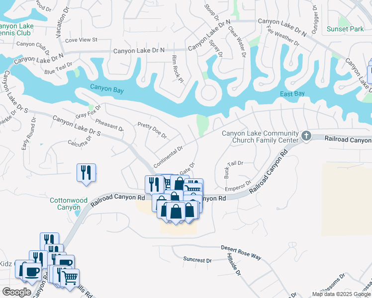 map of restaurants, bars, coffee shops, grocery stores, and more near 23295 Continental Drive in Canyon Lake