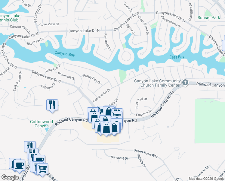 map of restaurants, bars, coffee shops, grocery stores, and more near 23295 Continental Drive in Canyon Lake