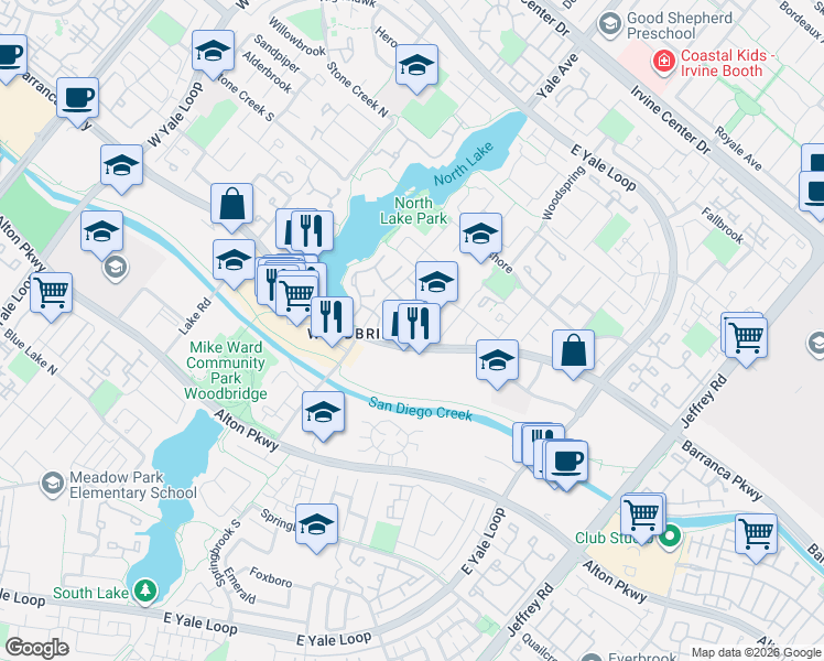 map of restaurants, bars, coffee shops, grocery stores, and more near 26 Silver Fir in Irvine