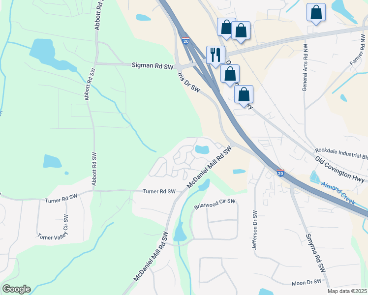 map of restaurants, bars, coffee shops, grocery stores, and more near 17204 Saint James Drive in Conyers