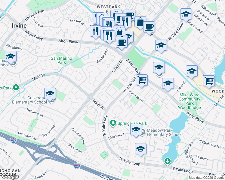 map of restaurants, bars, coffee shops, grocery stores, and more near 20 Mainsail in Irvine
