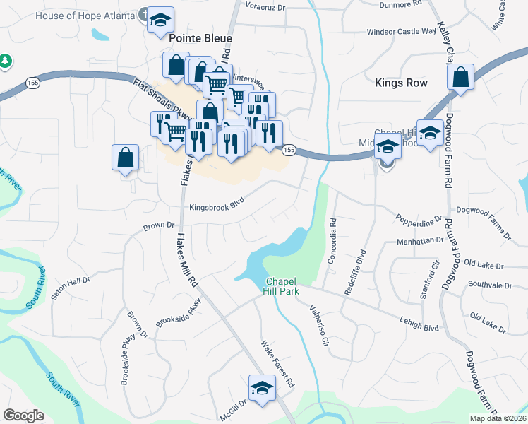 map of restaurants, bars, coffee shops, grocery stores, and more near 3638 Emerald Point in Decatur