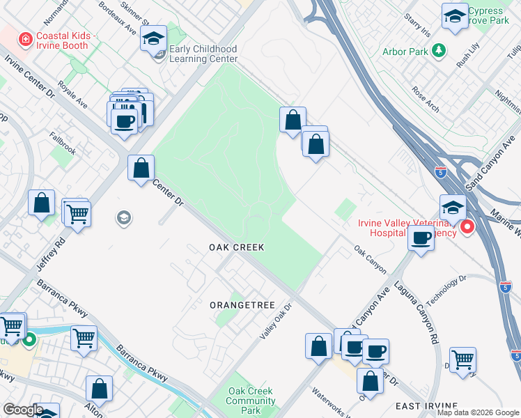 map of restaurants, bars, coffee shops, grocery stores, and more near 1 Golf Club Drive in Irvine