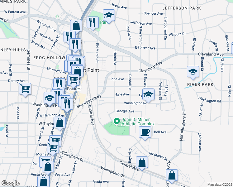 map of restaurants, bars, coffee shops, grocery stores, and more near 2872 Harris Street in Atlanta