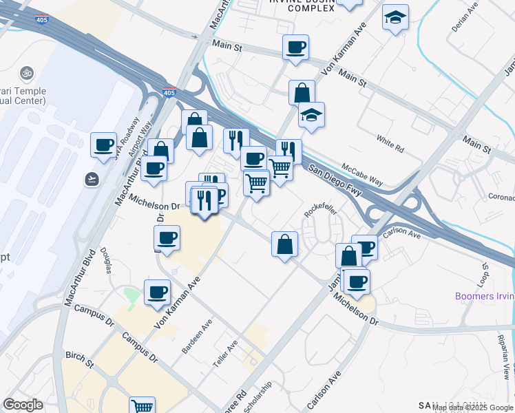 map of restaurants, bars, coffee shops, grocery stores, and more near 18400 Von Karman Avenue in Irvine