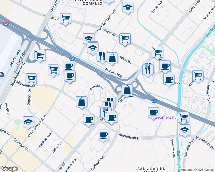 map of restaurants, bars, coffee shops, grocery stores, and more near 187 Bowery in Irvine