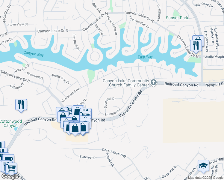 map of restaurants, bars, coffee shops, grocery stores, and more near 23593 Black Duck Drive in Canyon Lake
