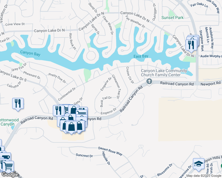 map of restaurants, bars, coffee shops, grocery stores, and more near 23621 Black Duck Drive in Canyon Lake