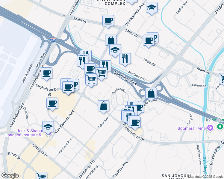 map of restaurants, bars, coffee shops, grocery stores, and more near 535 Rockefeller in Irvine