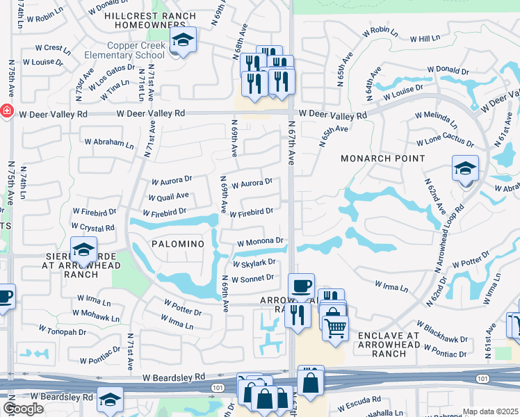 map of restaurants, bars, coffee shops, grocery stores, and more near 6775 West Firebird Drive in Glendale
