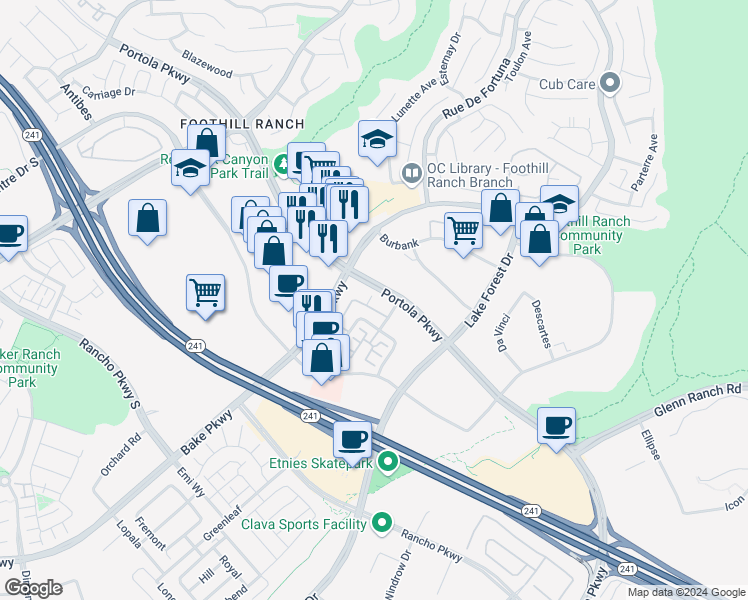 map of restaurants, bars, coffee shops, grocery stores, and more near 610 El Paseo in Lake Forest