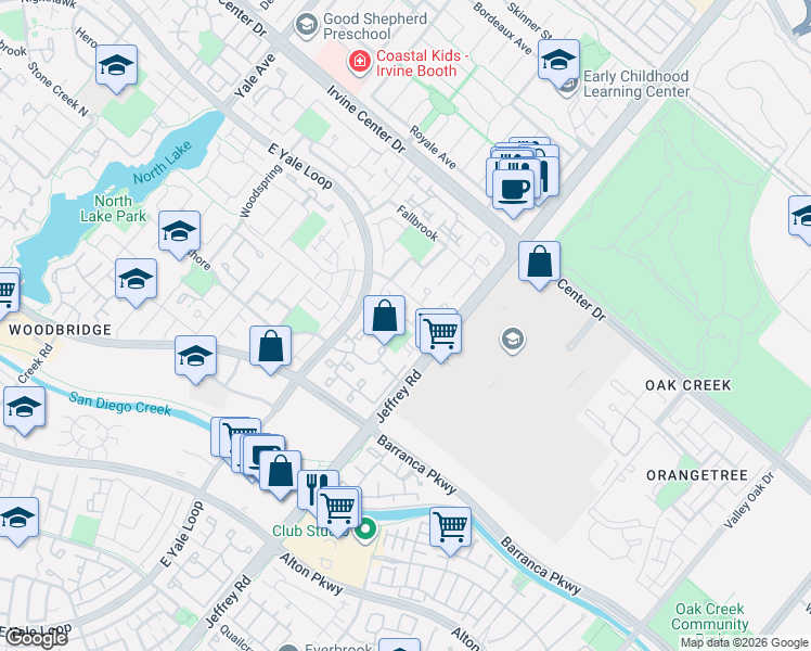 map of restaurants, bars, coffee shops, grocery stores, and more near 23 Glenhurst in Irvine