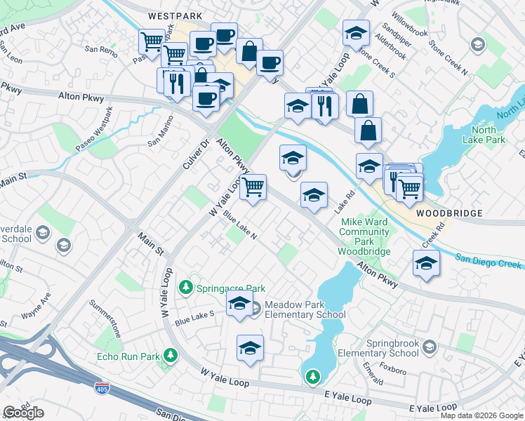 map of restaurants, bars, coffee shops, grocery stores, and more near 17 Spring Buck in Irvine