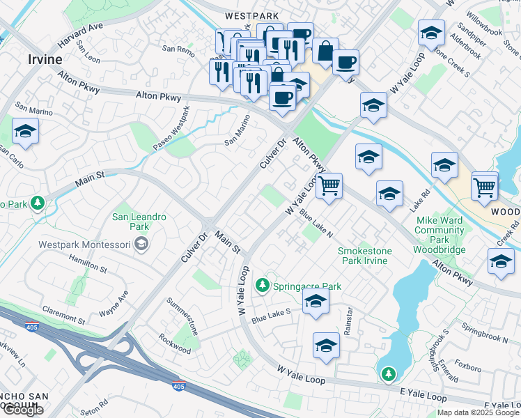 map of restaurants, bars, coffee shops, grocery stores, and more near 20 Mainsail in Irvine