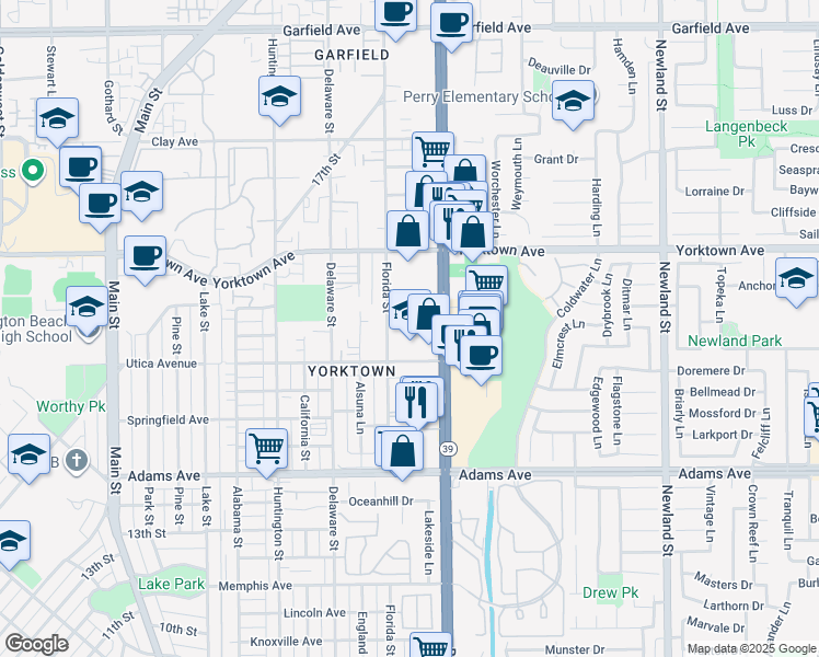 map of restaurants, bars, coffee shops, grocery stores, and more near 721 Utica Avenue in Huntington Beach