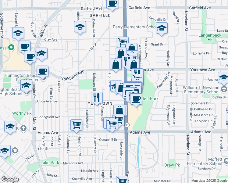 map of restaurants, bars, coffee shops, grocery stores, and more near 721 Utica Avenue in Huntington Beach