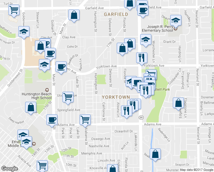 map of restaurants, bars, coffee shops, grocery stores, and more near 2114 Delaware Street in Huntington Beach