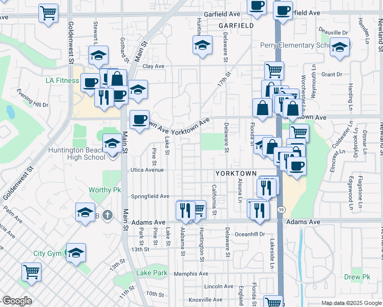 map of restaurants, bars, coffee shops, grocery stores, and more near 216 Venice Avenue in Huntington Beach