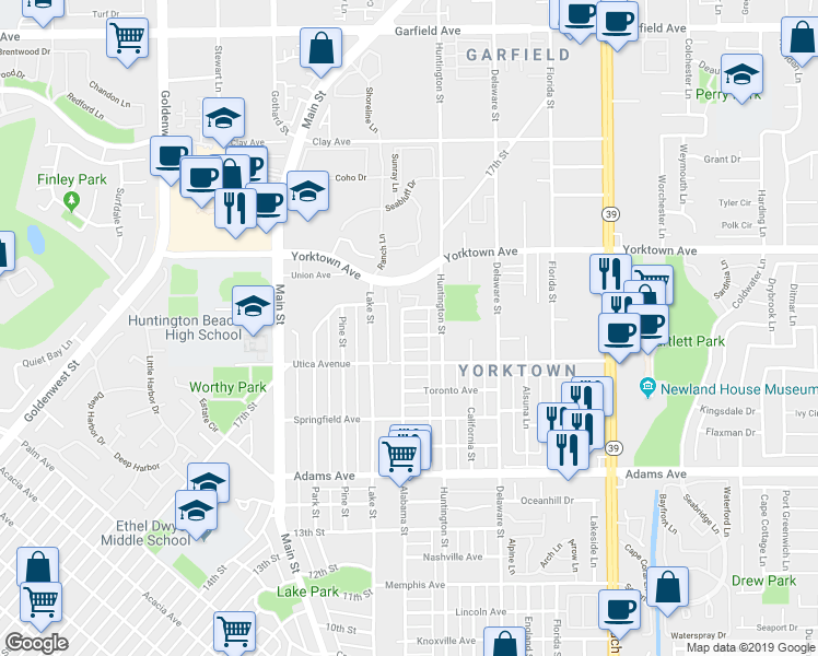 map of restaurants, bars, coffee shops, grocery stores, and more near 216 Venice Avenue in Huntington Beach