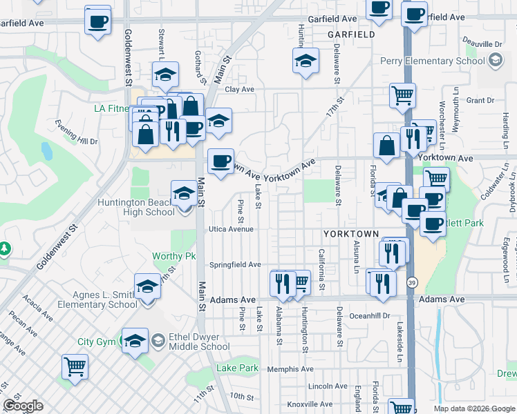 map of restaurants, bars, coffee shops, grocery stores, and more near 1922 Lake Street in Huntington Beach