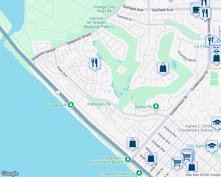 map of restaurants, bars, coffee shops, grocery stores, and more near 6371 Turnberry Circle in Huntington Beach